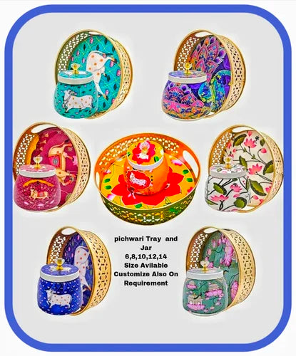 Set of 6 – 4-Inch Enamel Printed Pichwai Cow Jars – Decorative Metal Storage Jars with Lid – Traditional Indian Art Containers for Sweets, Spices, Pooja & Return Gifting